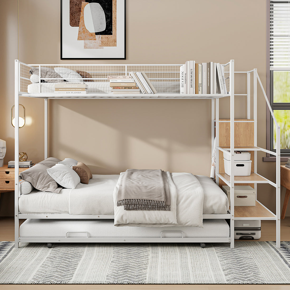 Twin Over Full Metal Bunk Bed With Trundle And Lateral Storage Ladder And Wardrobe, White White Metal