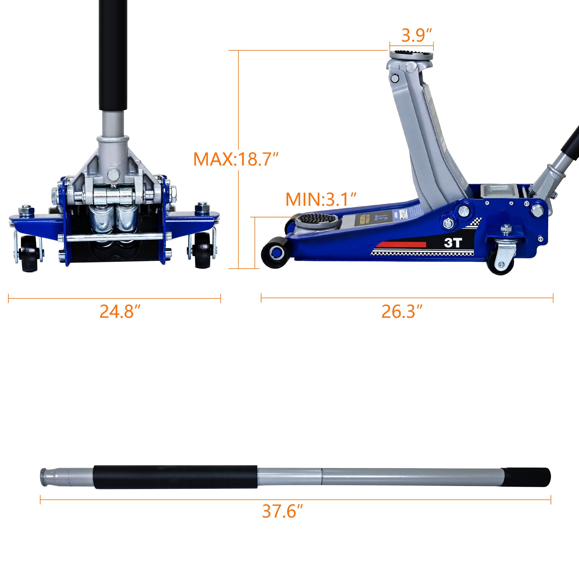 Low Position Steel Vehicle Floor Mounted Hydraulic Jack With Dual Piston Quick Lift Pump, 3 Ton 6600 Lb. Capacity. Blue Steel