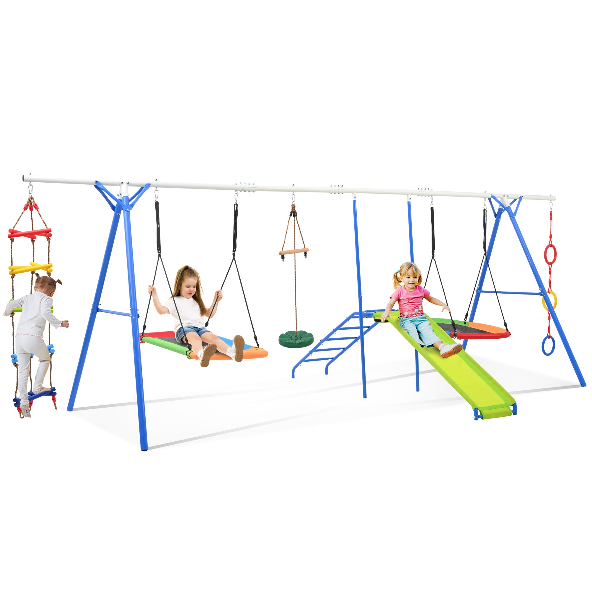 6 In 1 Swing Set For Kids, Toddle Outdoor Swing And Slide Set, Backyard Playground Playsets With Climbing Rope Ladder, Disc Swing, Monkey Bar Swing, Slide And Climbing, Saucer Swing, Swing Ring Blue