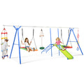 6 In 1 Swing Set For Kids, Toddle Outdoor Swing And Slide Set, Backyard Playground Playsets With Climbing Rope Ladder, Disc Swing, Monkey Bar Swing, Slide And Climbing, Saucer Swing, Swing Ring Blue