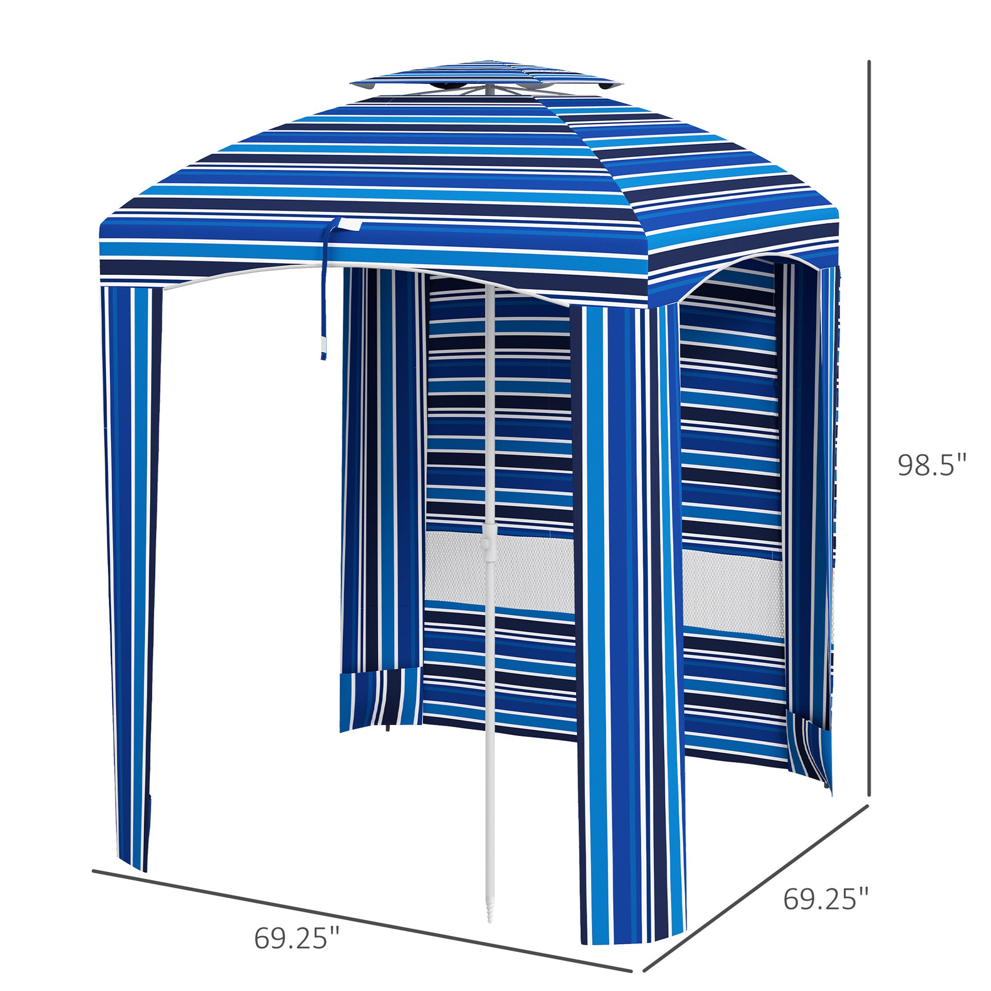 Outsunny 5.8' X 5.8' Portable Beach Umbrella With Double Top, Ruffled Outdoor Cabana With Walls, Vents, Sandbags, Carry Bag, Blue Stripe Multicolor Polyester