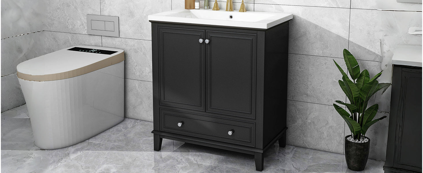 30" Bathroom Vanity With Sink Combo, Multi Functional Bathroom Cabinet With Doors And Drawer, Solid Frame And Mdf Board, Black Black Solid Wood Mdf