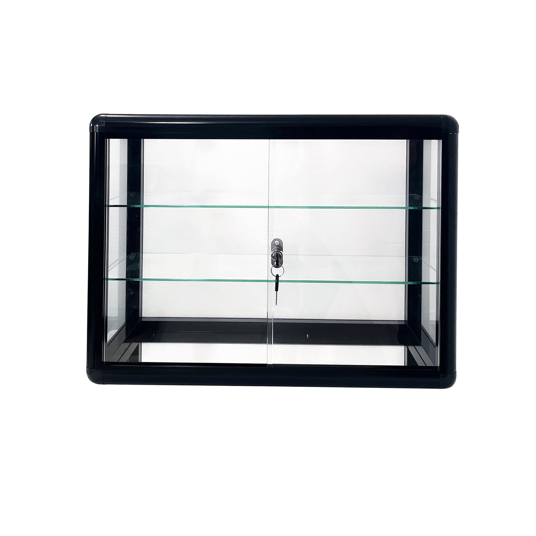 Tempered Glass Counter Top Display Showcase With Sliding Glass Door And Lock,Standard Aluminum Framing With Sliding Glass Door And Lock Display Cabinet Black Glass