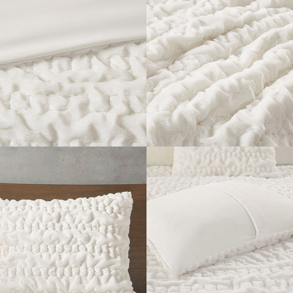 Ruched Fur Down Alternative Comforter Set Queen Ivory Polyester