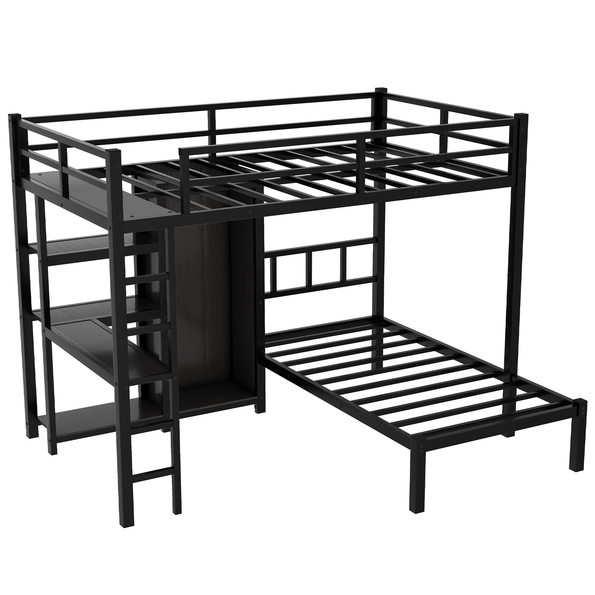 Metal Full Xl Over Twin Bunk Bed With Desk,Bookshelf ,Storage Shelves And Wardrobe,Black Black Metal