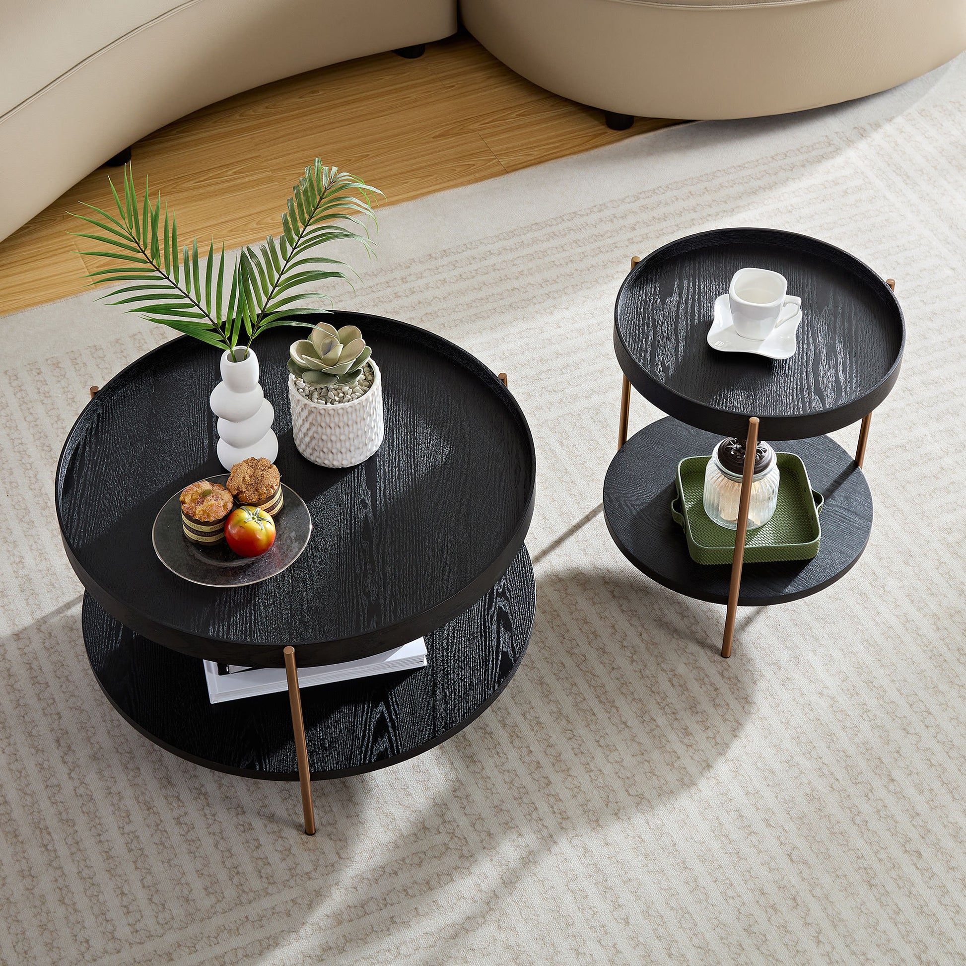 2 Piece Modern 2 Tier Round Coffee Table Set For Living Room,Easy Assembly Nesting Coffee Tables, End Side Tables For Bedroom Office Balcony Yard,Black Mdf Matt Black Mdf Metal