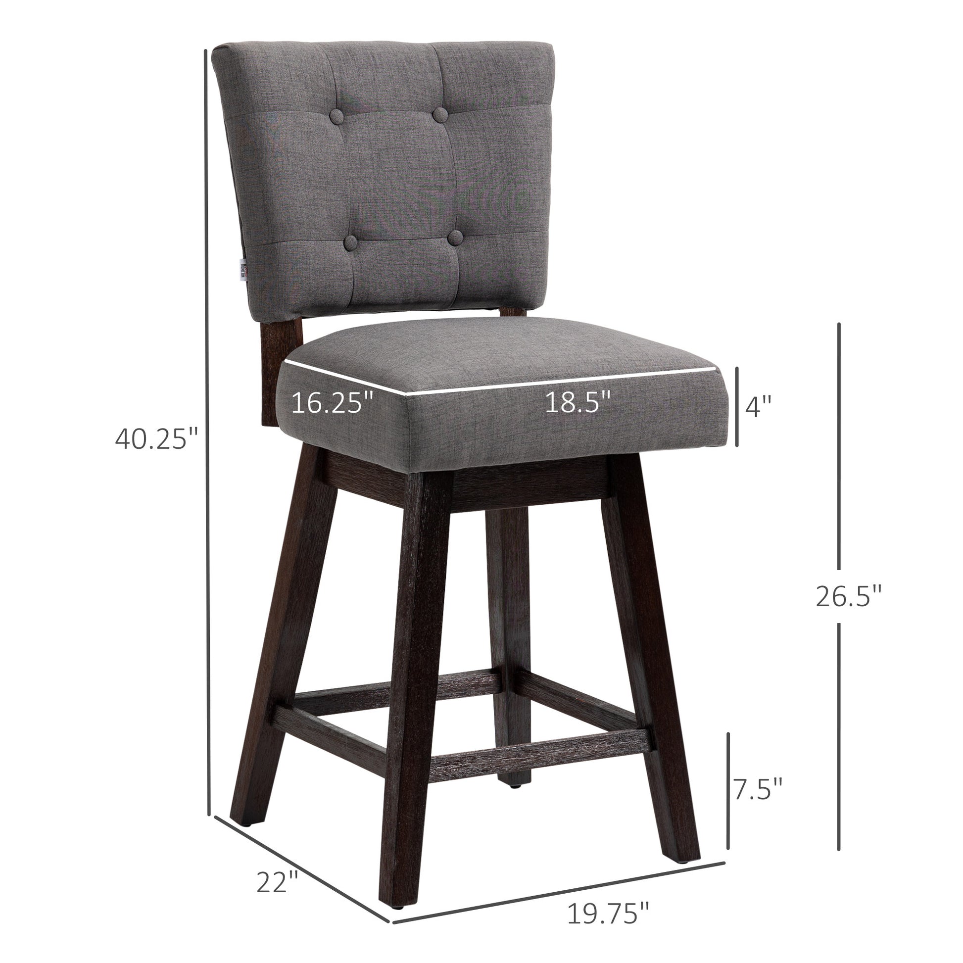 Homcom Counter Height Bar Stools Set Of 2, Fabric Tufted Swivel Barstools 26.5 Inch Seat Height With Rubber Wood Legs And Footrest For Dining Room, Kitchen, Pub, Grey Dark Grey Rubber Wood