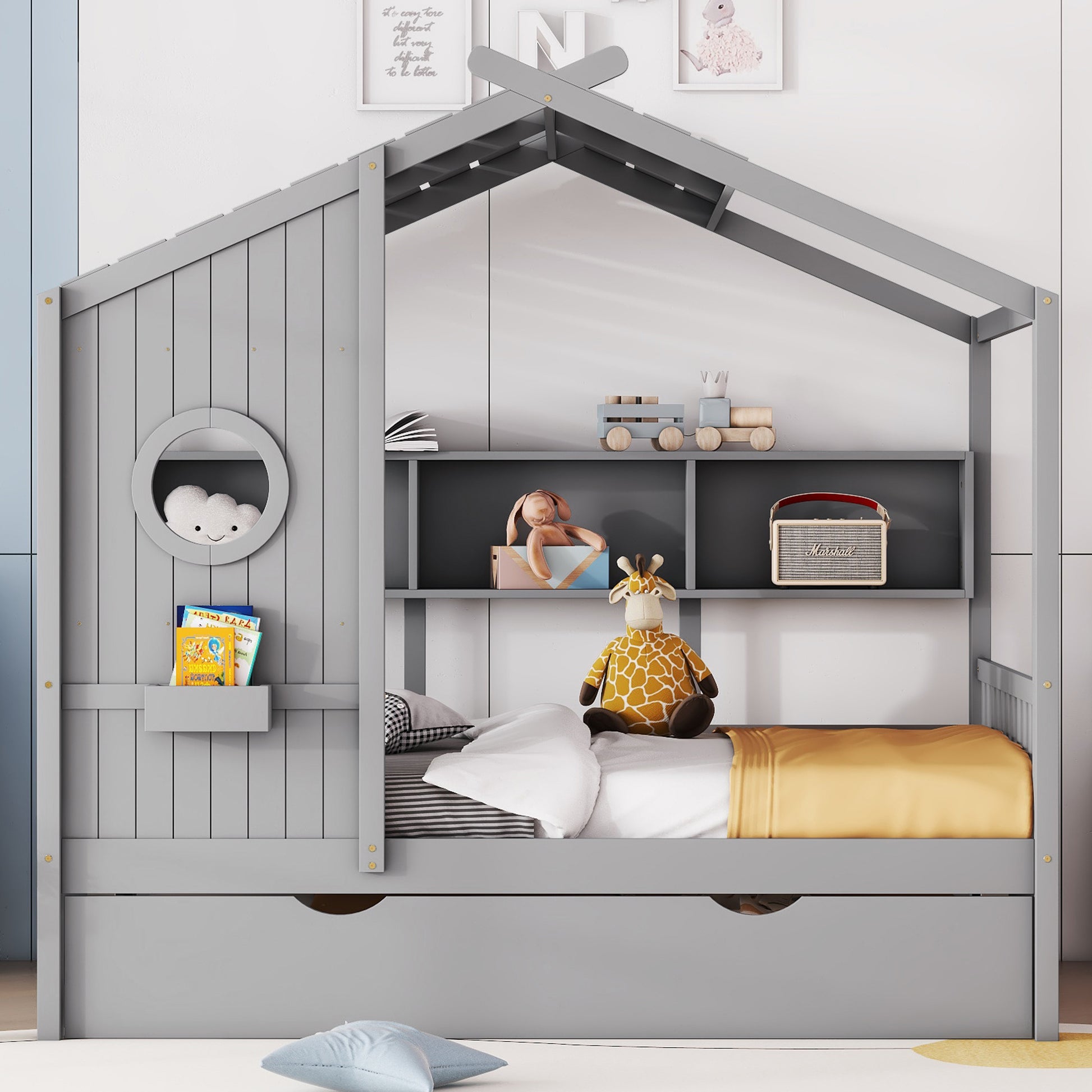 Wooden Full Size House Bed With Trundle, Modern Design For Kids With Storage Shlef, Gray Full Gray Solid Wood