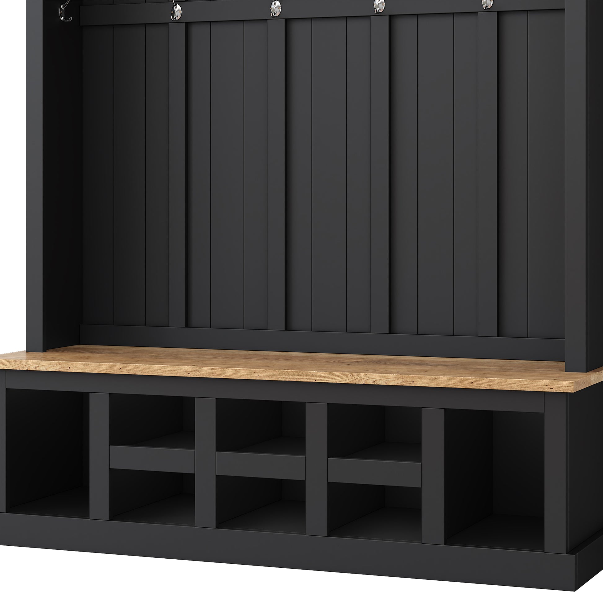 Farmhouse Wooden Style 78''H Modern Hall Tree With Wide Storage Seating Bench, Entryway Shoe Cabinet With 13 Compartments, Elegant Coat Rack With 6 Hooks For Mudroom, Living Room, Black Black Primary Living Space Particle Board