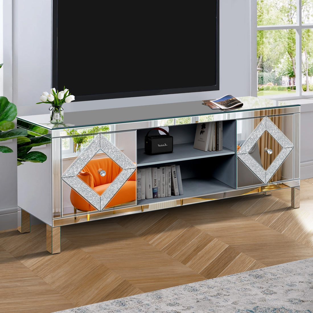 Mirrored Tv Stand For 65 Inch Tv,Sliver Tv Console Table With Open Storage & 2 Storage Cabinets ,Diamond Shape Sparkling Mirror Doors For Living Room 59''W X 25.2''H X 15.7D 1 2 Shelves Glass Pane