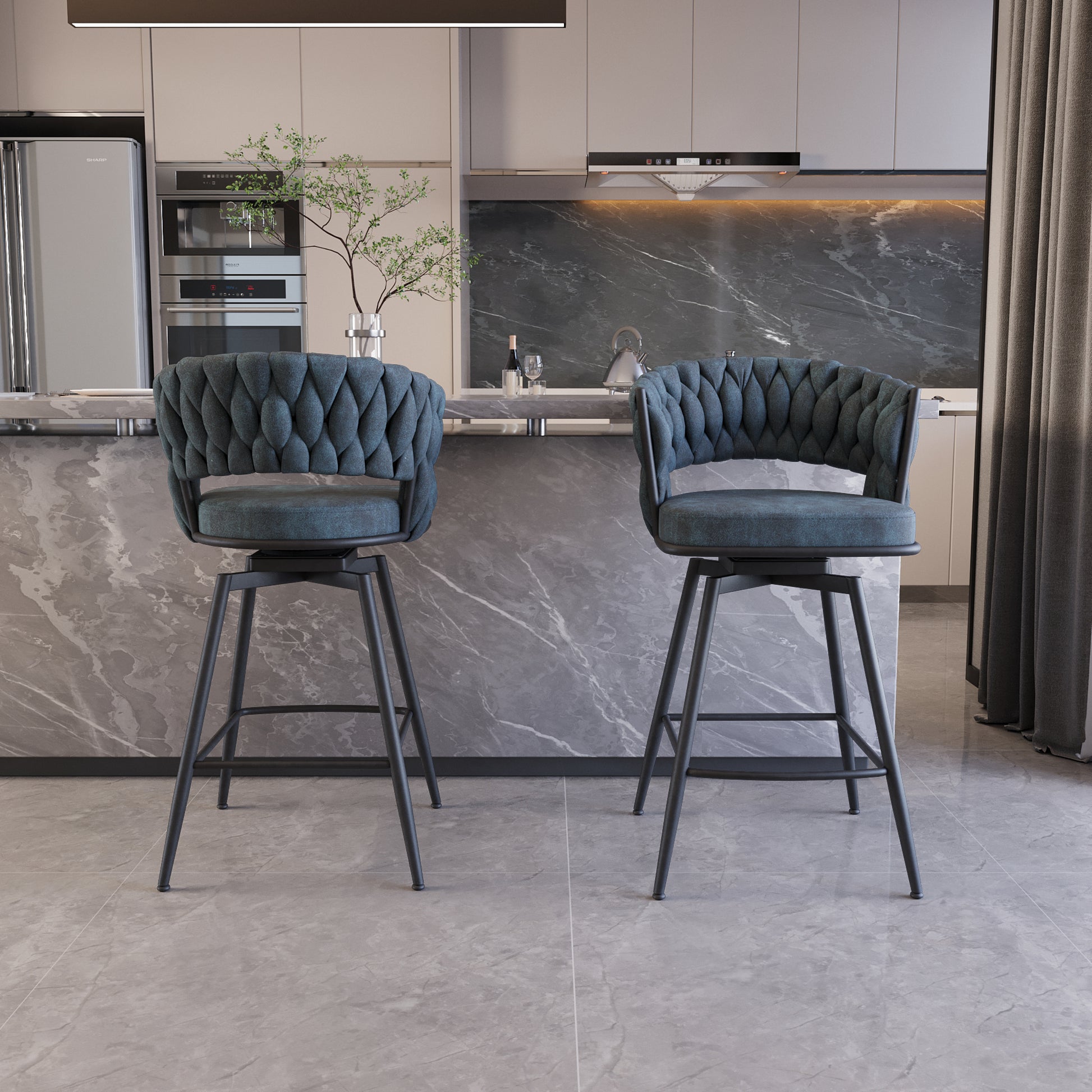 Bar Chair Suede Woven Bar Stool Set Of 4,Black Legs Barstools No Adjustable Kitchen Island Chairs,360 Swivel Bar Stools Upholstered Bar Chair Counter Stool Arm Chairs With Back Footrest, Blue Metal Blue Kitchen Dining Chairs Foam Technical Leather