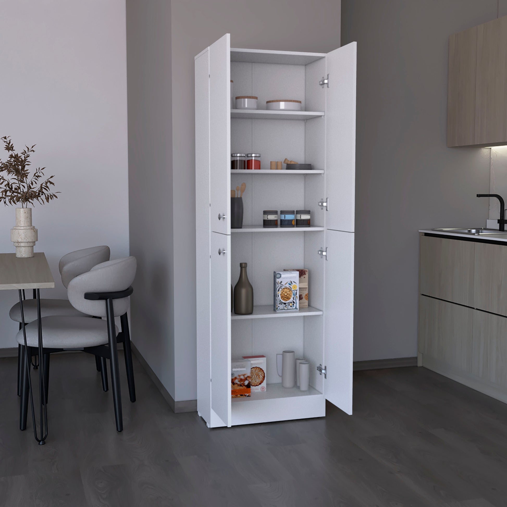 Kitchen Pantry 71" H, 4 Doors, 5 Adjustable Shelves, Laundry, White White Solid Wood Mdf Engineered Wood