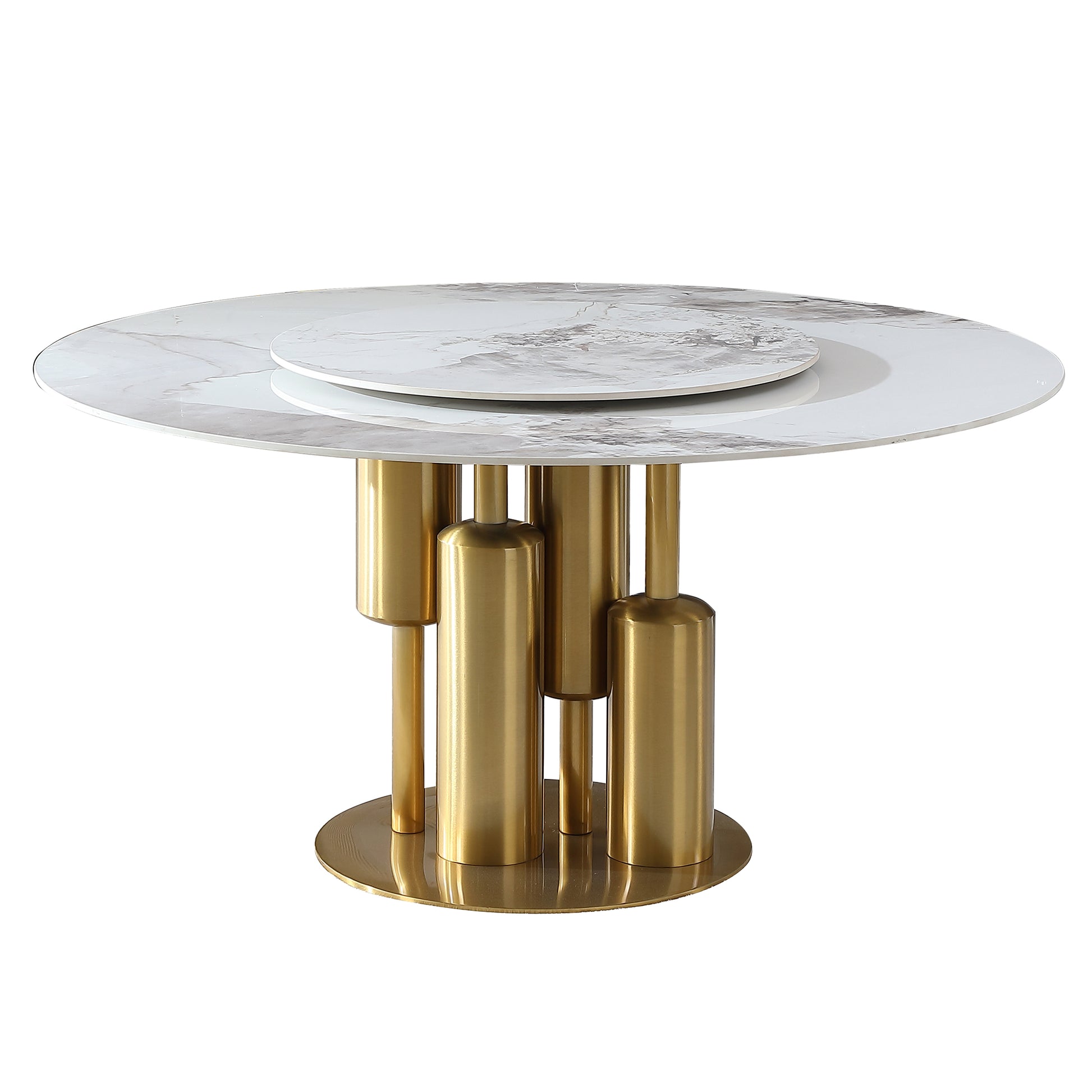 Modern Marble Dining Table, 59" Round Sintered Stone Table For Dining Room, Kitchen, Dinette, Compact Space With Lazy Susan Table Only Gold,Gold White Dining Room American Design,Luxury,Modern