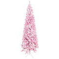 Homcom 7.5' Tall Unlit Snow Flocked Artificial Christmas Tree Slim Pencil Xmas Tree With Pine Shape And Realistic Branches, Pink Pink Plastic