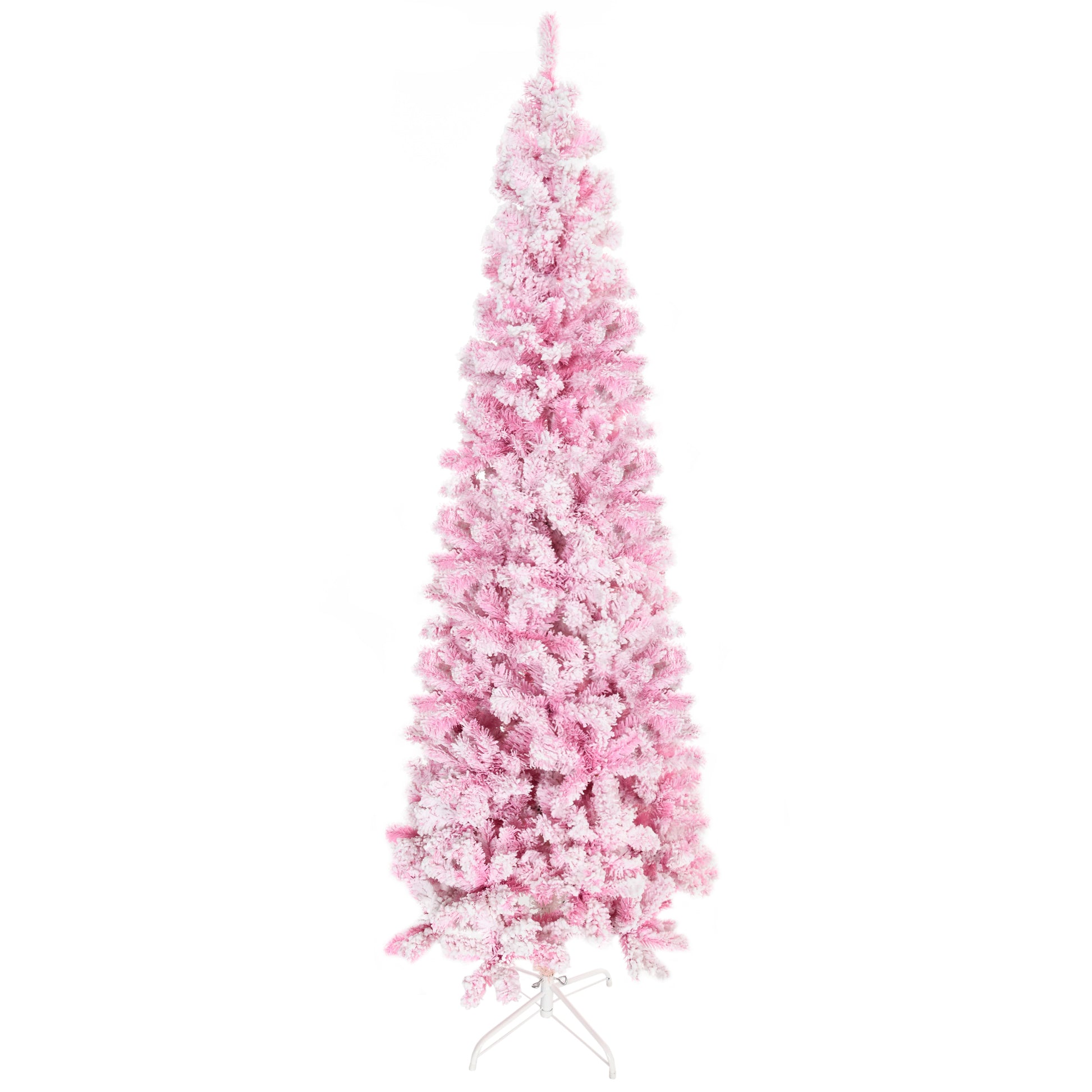 Homcom 7.5' Tall Unlit Snow Flocked Artificial Christmas Tree Slim Pencil Xmas Tree With Pine Shape And Realistic Branches, Pink Pink Plastic