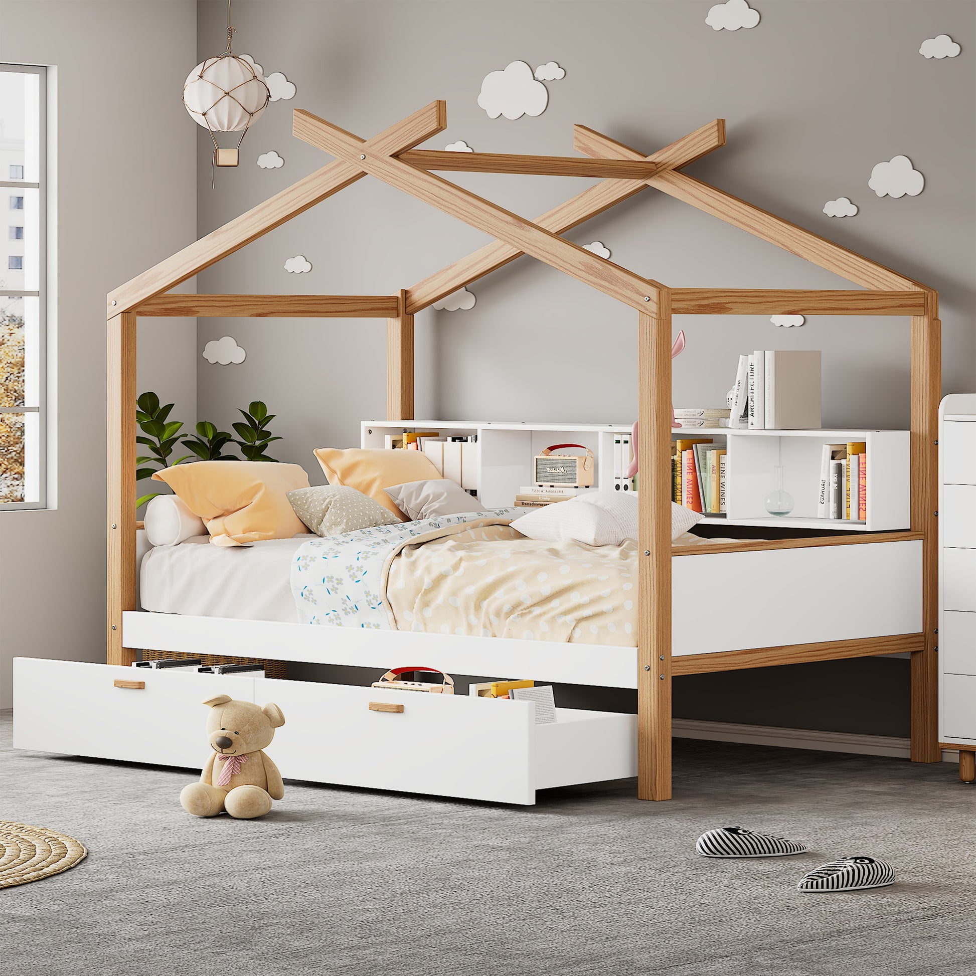 White Twin Size Wooden House Bed Original Wood Colored Frame With Two Drawers And Bookshelf Storage Space For Children Or Guest Room Twin White Wood