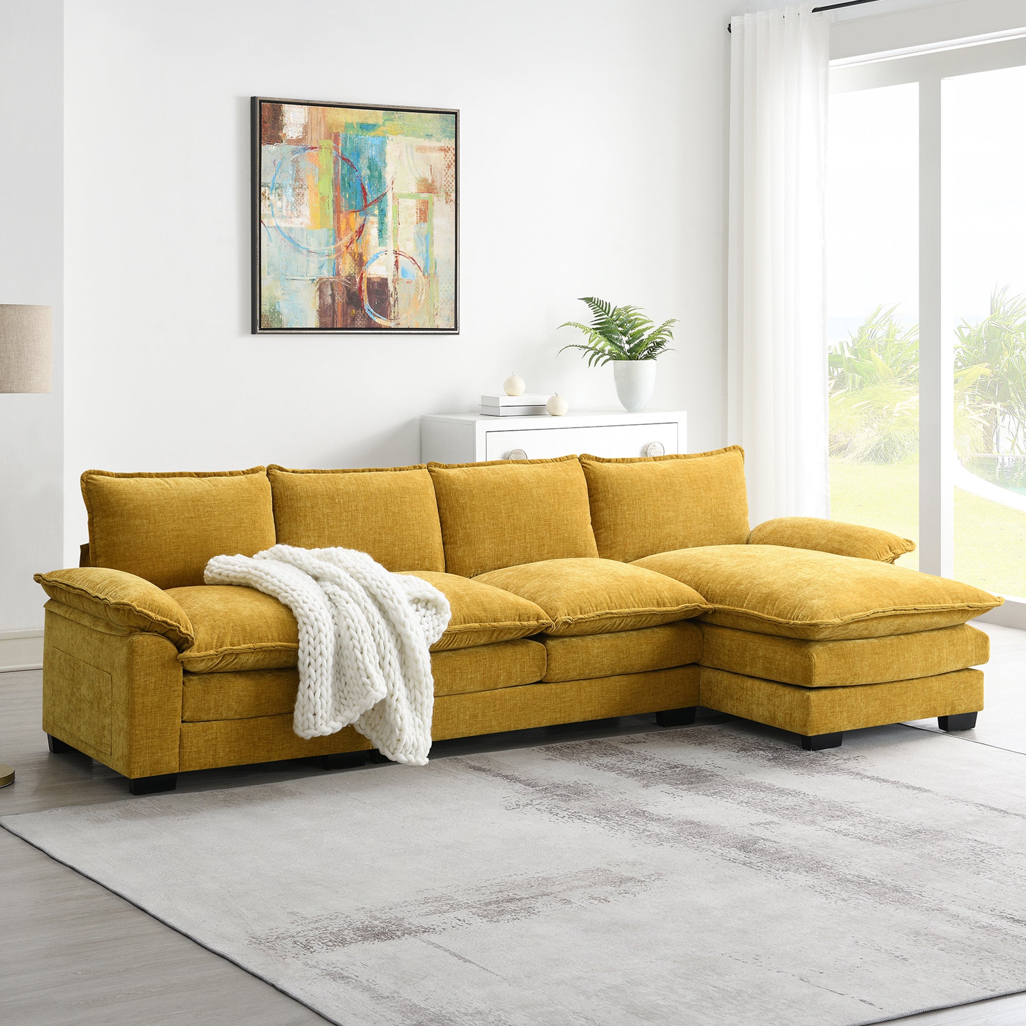 118*55" Modern L Shaped Chenille Cloud Sofa With Double Seat Cushions,5 Seat Upholstered Indoor Furniture,Sleeper Sofa Couch With Chaise Lounge For Living Room,Apartment,3 Colors Ginger Chenille 4 Seat