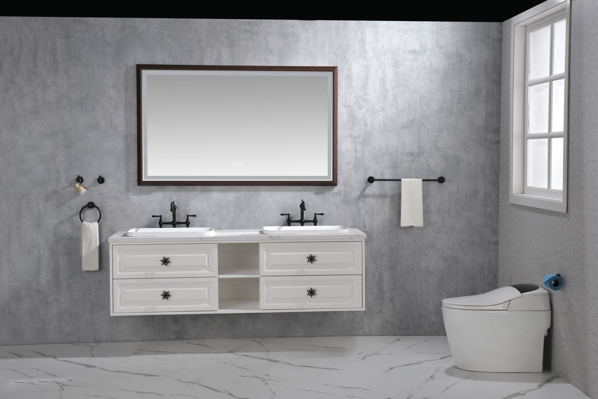 Bathroom Led Mirror Is Multi Functional And Each Function Is Controlled By A Smart Touch Button. Brown Aluminium