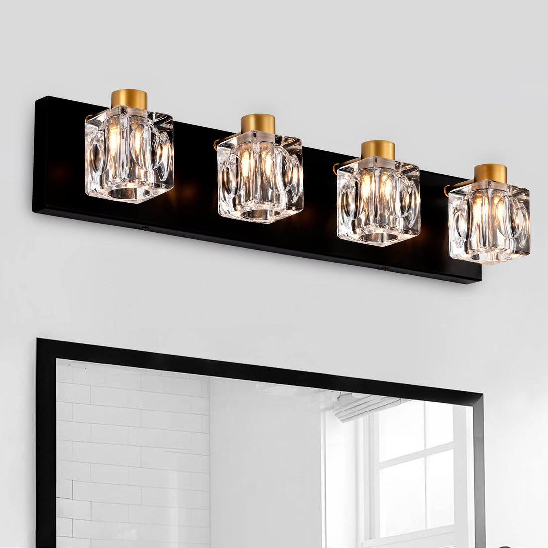 4 Light Matte Black Gold Bathroom Light Fixtures, Modern Vanity Lights With Crystal Glass Shade, Vintage Light Fixture Bathroom Over Mirror Wall Lights For Kitchen Dinning Room Bedroom Hallway Gold