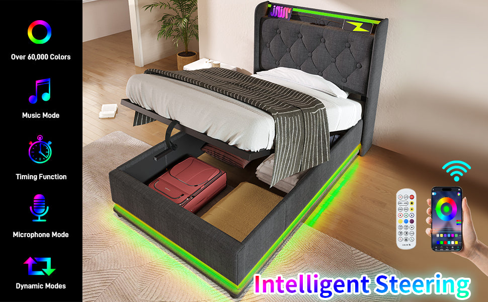 Twin Size Upholstered Bed, 360 Surround Led Function, Buttons Apps Remote Control, Hydraulic Storage Bed With Usb Type C Charging, Gray,Linen Without Mattress Twin Gray Linen