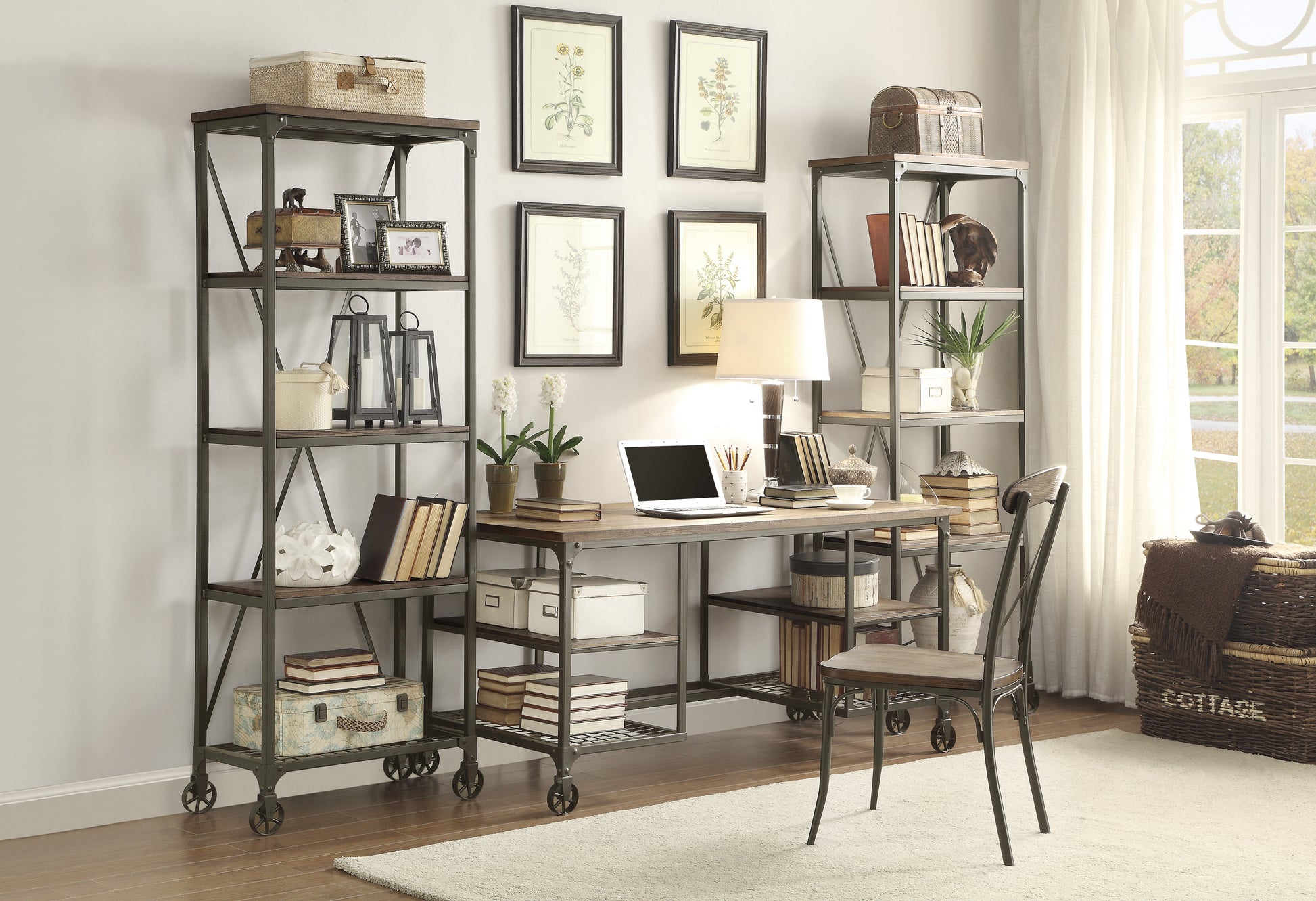 Modern Traditional Aesthetic 1Pc Writing Desk With 4X Shelves Metal Casters Natural Finish And Rustic Black Metal Finish Black,Natural Primary Living Space Shelves Rectangular Engineered Wood,Metal