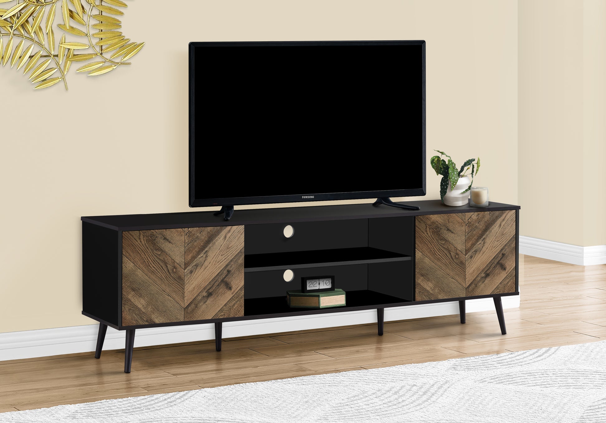 Tv Stand, 72 Inch, Console, Media Entertainment Center, Storage Cabinet, Living Room, Bedroom, Brown And Black Laminate, Black Wood Legs, Contemporary, Modern Black 80 89 Inches Particle Board