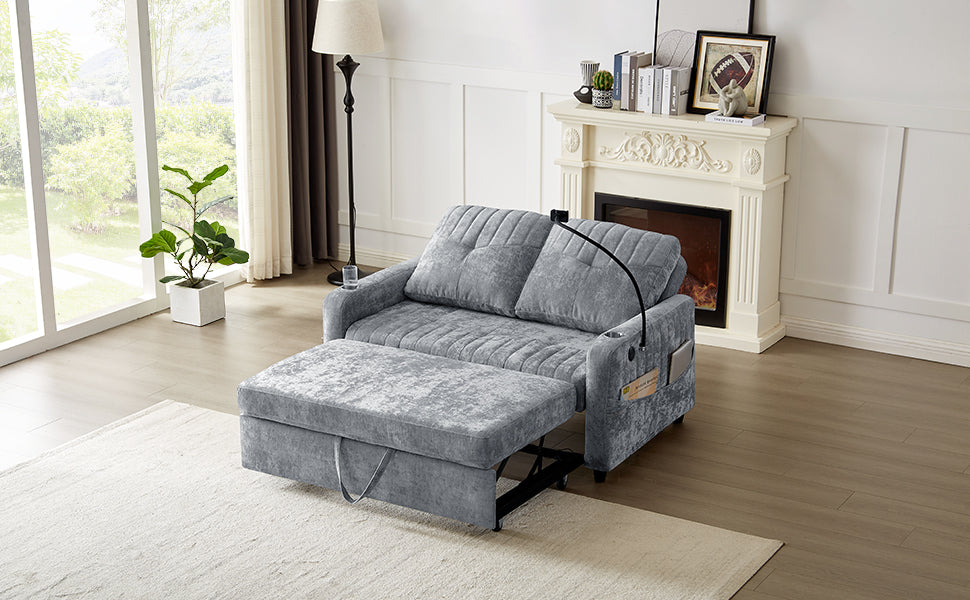 53.9" Modern Loveseat Pull Out Sofa Bed With Adjustable Backrest, Two Cup Holdersa Phone Holder, Three Charging Ports And Side Storage Pockets For Living Room, Grey Grey Foam Chenille