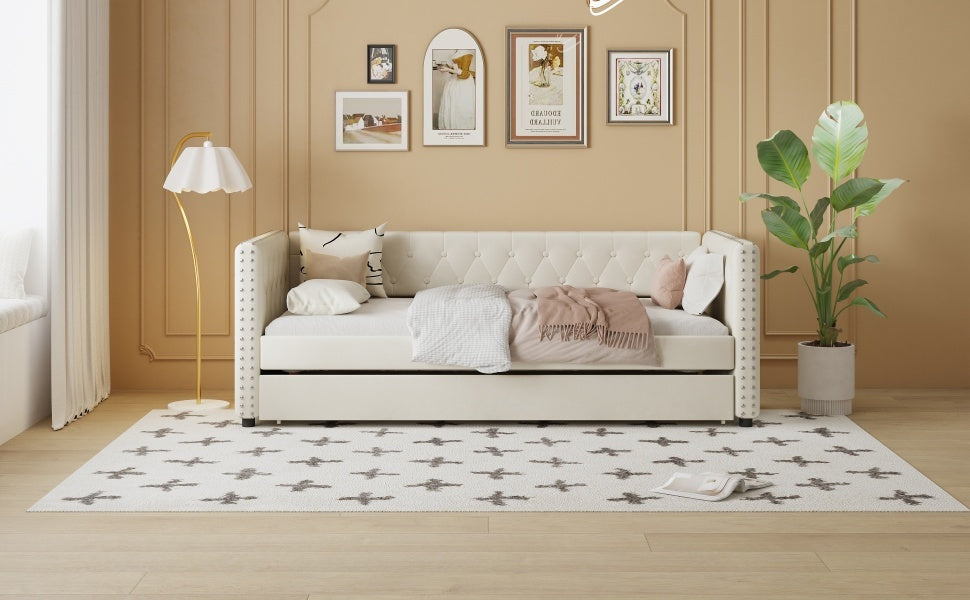Twin Size Tufted Upholstered Daybed With Trundle, Velvet Sofabed With Rivet Design, No Box Spring Needed,Beige Twin Beige Velvet