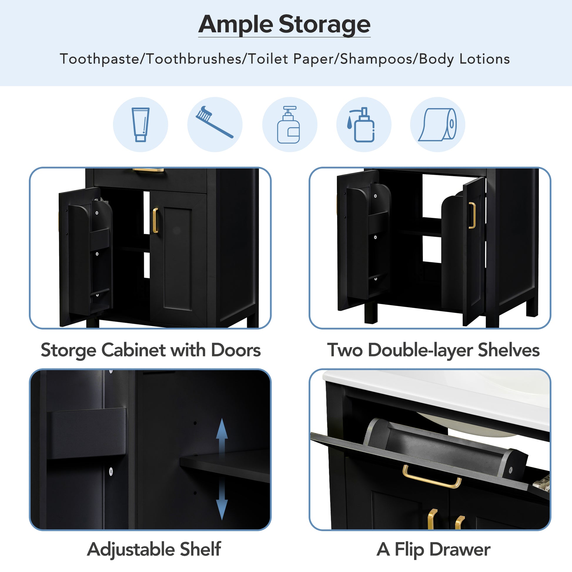 24"Bathroom Vanity Combo With Ceramic Sink, Luxurious Space Saving Vanity W24"*D18"*H34"Inch, 2 Soft Close Doors Black Bathroom Solid Wood Mdf