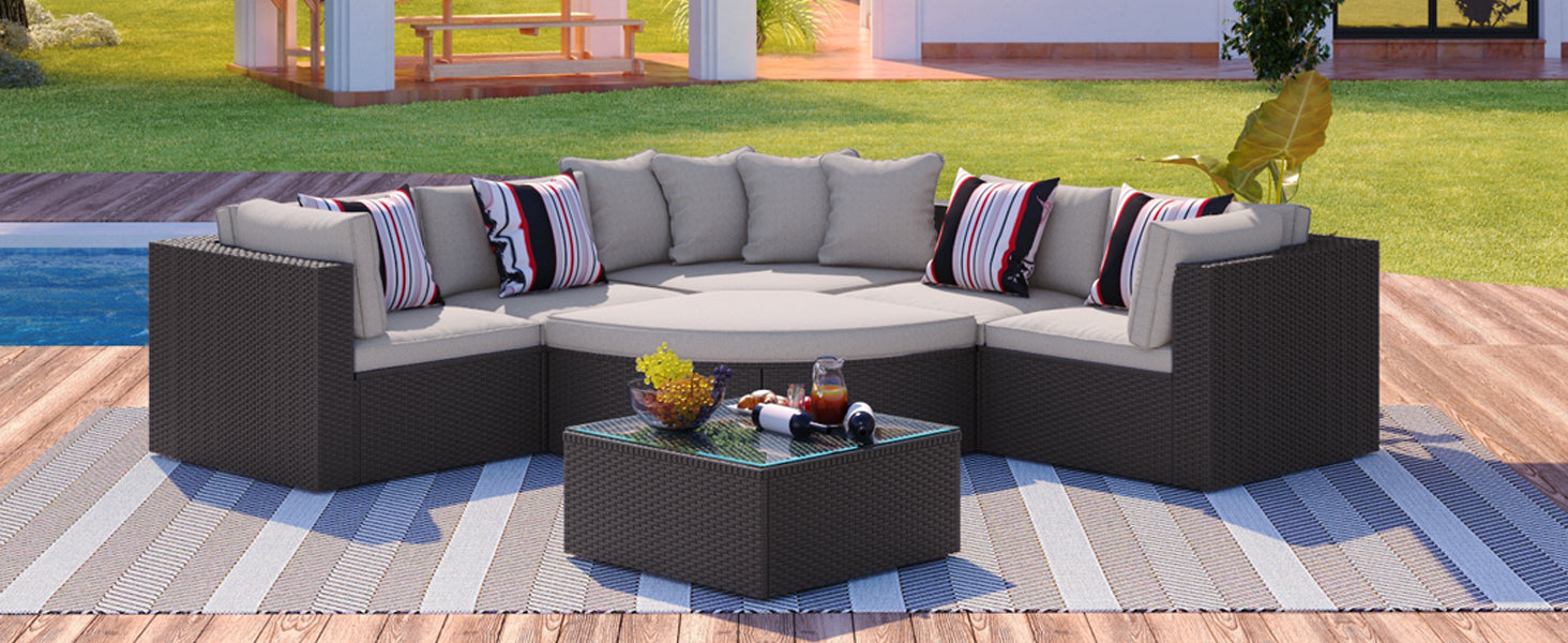 7 Piece Outdoor Wicker Sofa Set, Rattan Sofa Lounger, With Colorful Pillows, Conversation Sofa, For Patio, Garden, Deck, Brown Wicker Yes Brown Seats 6 Garden & Outdoor Complete Patio Sets Foam