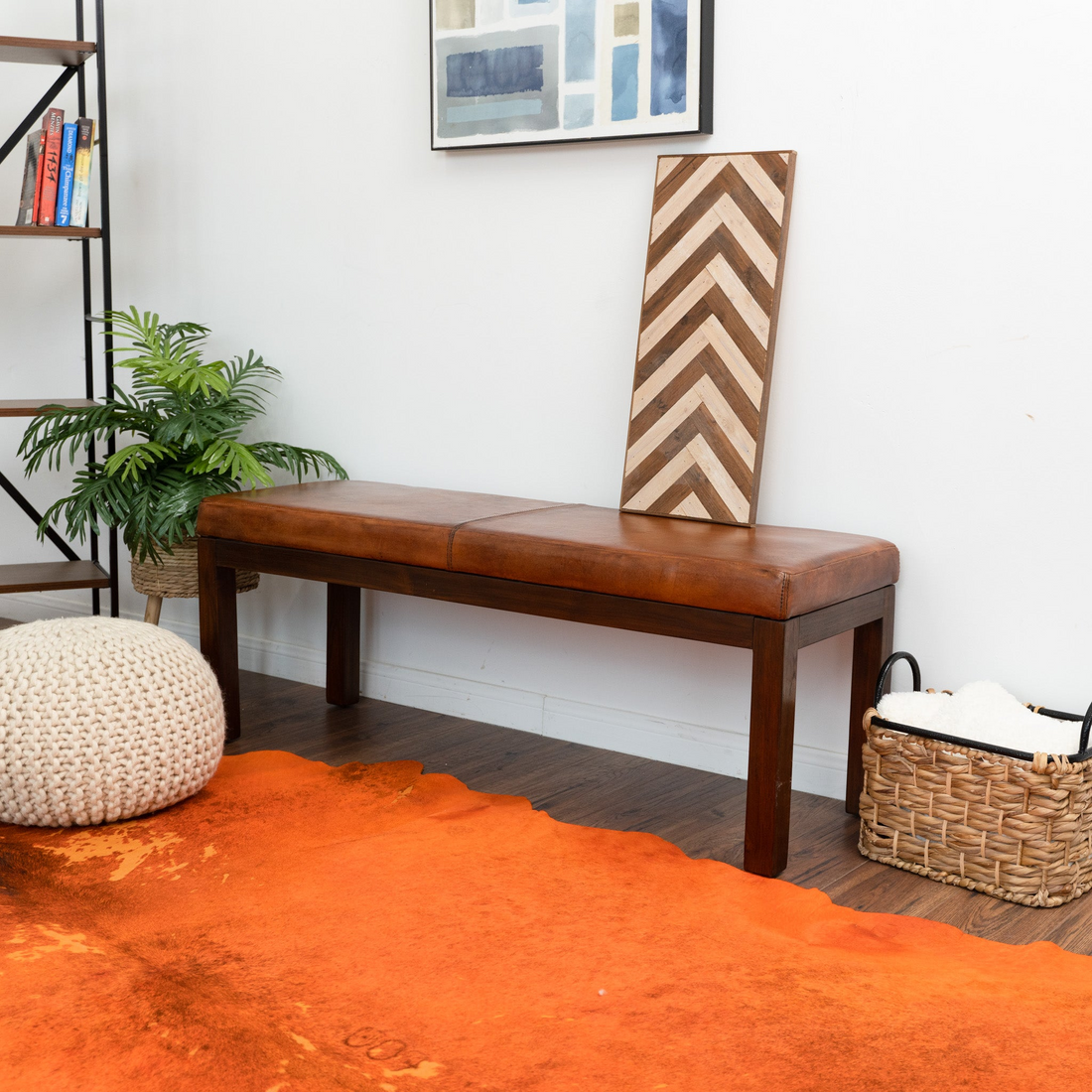 Austin Antique Tan Leather Bench With Lines Antique Brown,Brown,Rustic,Tan Brown Genuine Leather Brown Mid Century Modern Genuine Leather,Solid Wood