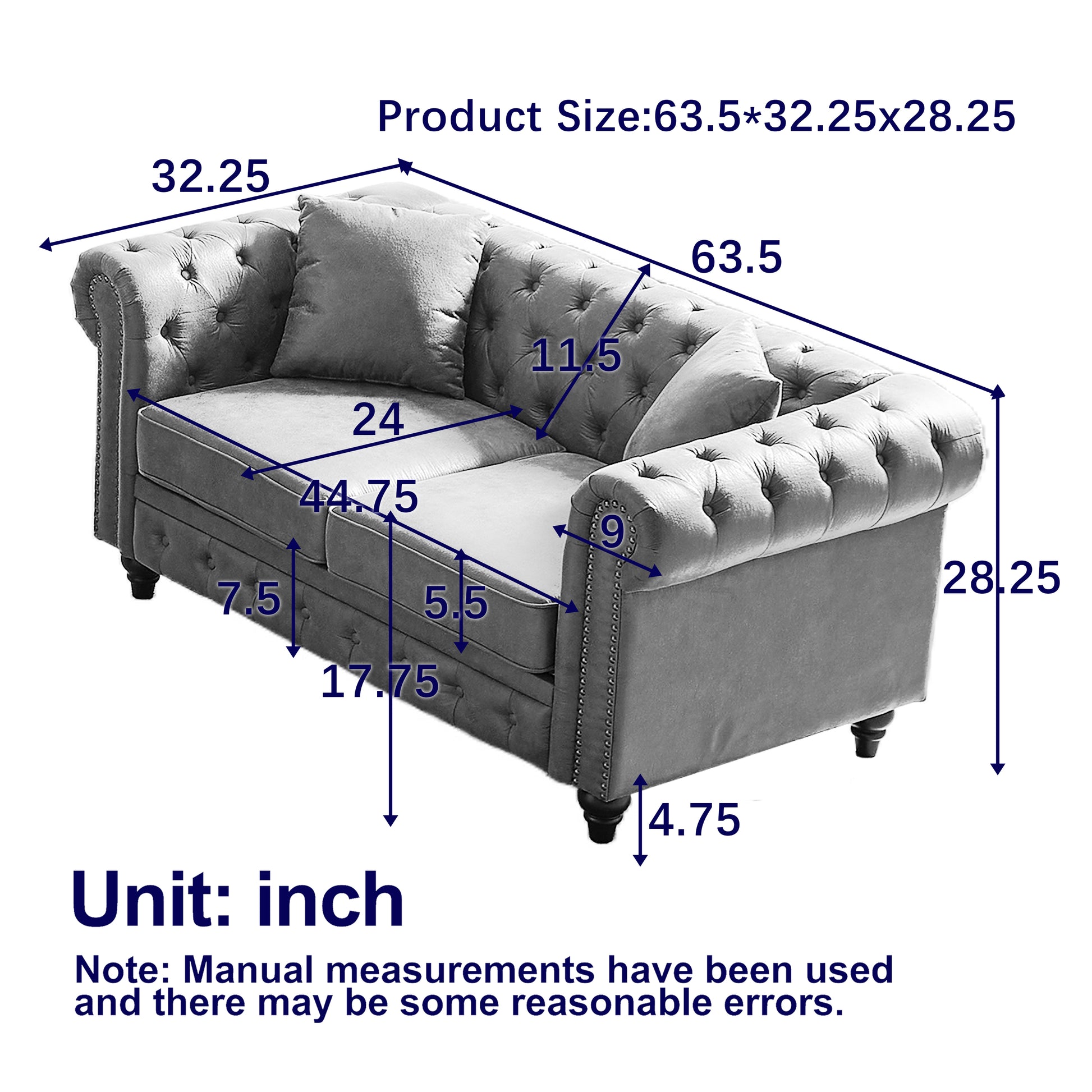 Fx 63.5" Contemporary Design Chesterfield Sofa, Tech Fabric Button Design Living Room Sectional, Button Tufted With Nail Design Arms With 2 Pillows, Upholstered Upholstery And Wooden Legs Brown Wood Primary Living Space Pine Foam Fabric 3 Seat