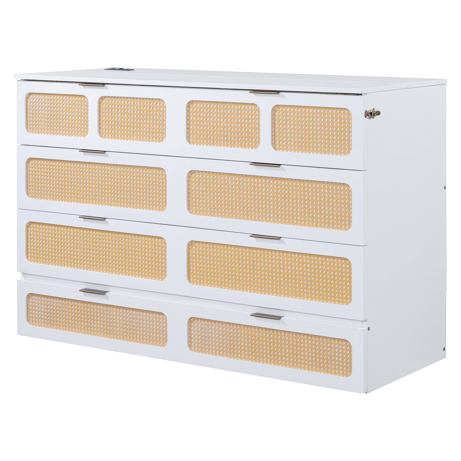 Queen Murphy Bed With Large Drawers,White Queen White Plywood