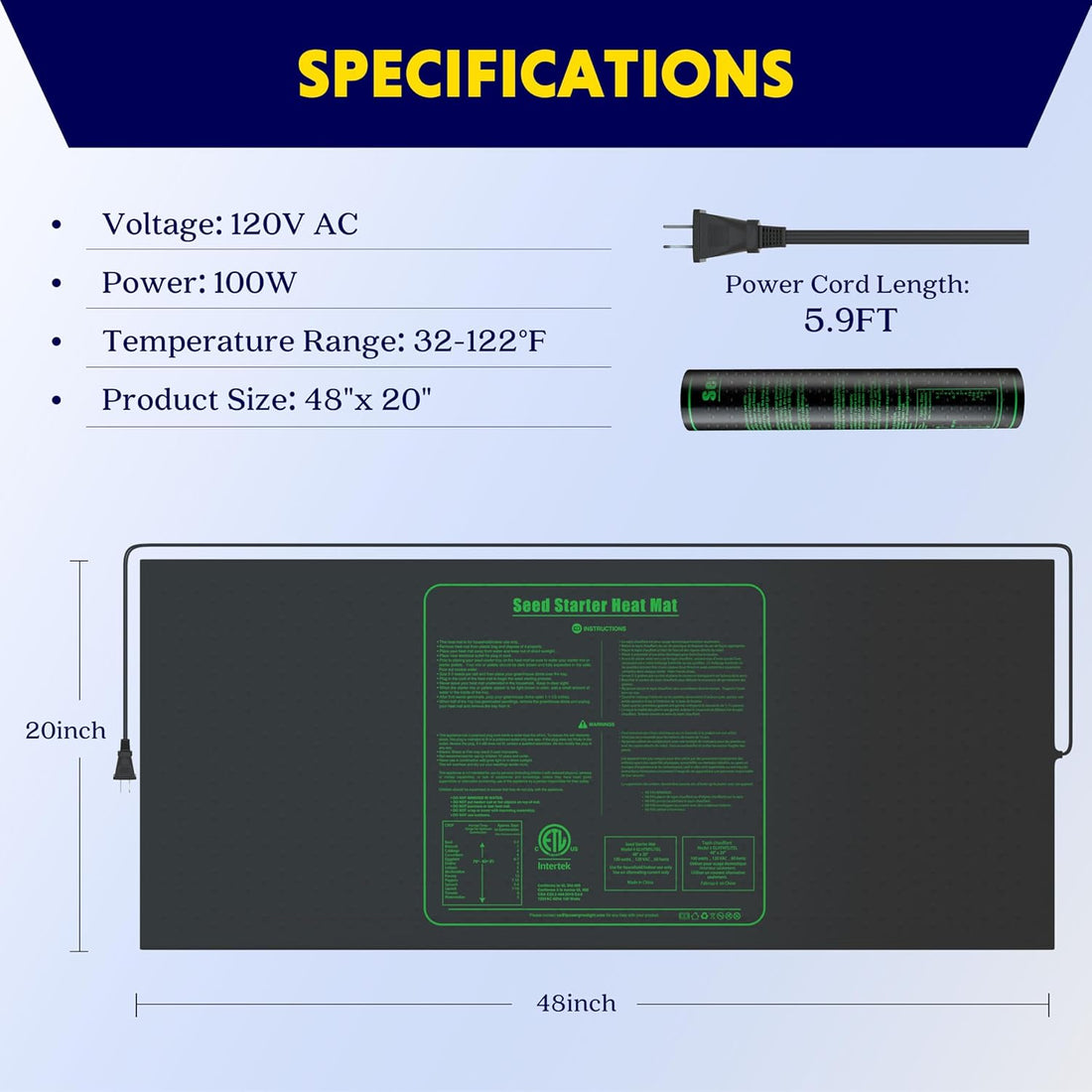 Seedling Heat Mat Upgraded Technology, 48" X 20" Waterproof Durable Germination Station Heating Mat, Warm Hydroponic Pad For Indoor Home Gardening Seed Starter Black Pvc