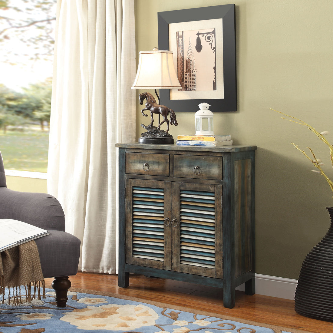 Antique Oak And Teal 2 Door Console Table Oak Primary Living Space Vintage Drawers Rectangular Wood