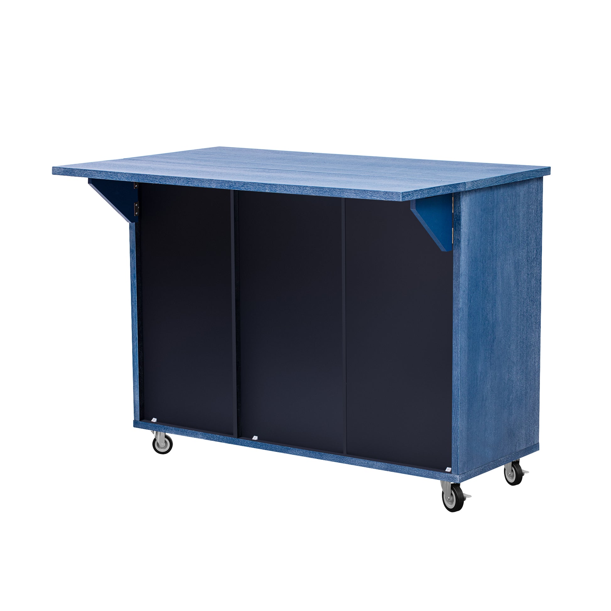 K&K 51.2"W 3D Wave Stripes Ash Veneer Not Cheap Paper Kitchen Island With Drop Leaf, Farmhouse Kitchen Island On Wheels With Internal Storage Rack, Rolling Kitchen Cart Navy Blue Navy Blue Nature