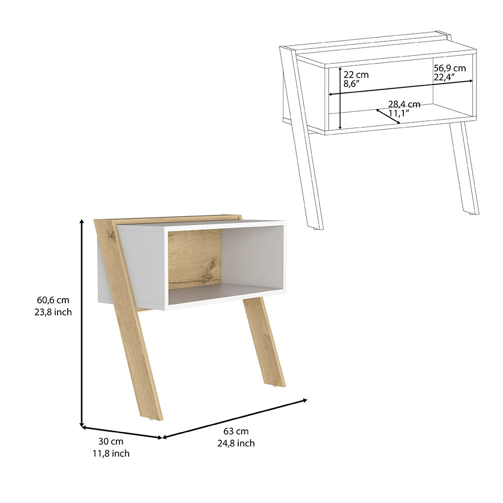 Nightstand 24"H, Two Legs, One Shelf, Superior Top, Light Oak White Multicolor Particle Board Particle Board