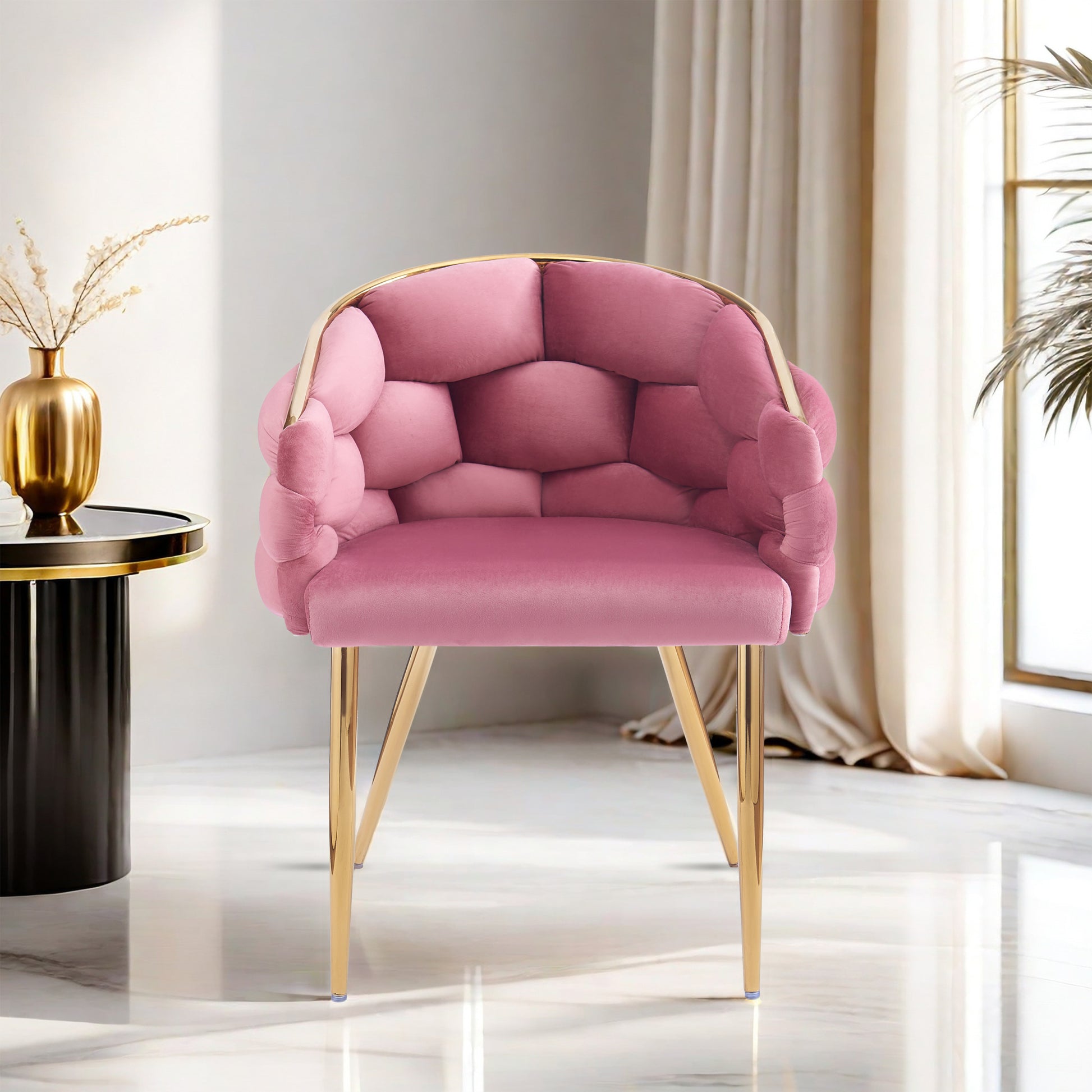 Luxury Handmade Accent Chair With Gold Legs, Modern Velvet Armchair For Living Room And Bedroom Pink Foam Velvet