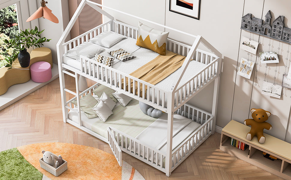 Metal Twin Over Twin House Bunk Bed With Fence And Door, White Box Spring Not Required Twin White Metal Bedroom Metal