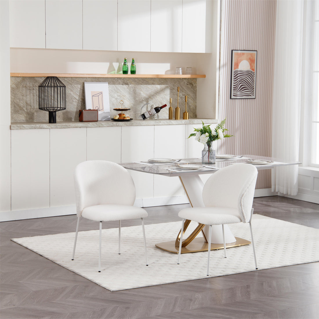 Heng Ming Iron Footed Dining Chair With Adjustable Foot Pads. Suitable For Dining Room, Living Room, Study Room,Set Of 2 White Wood