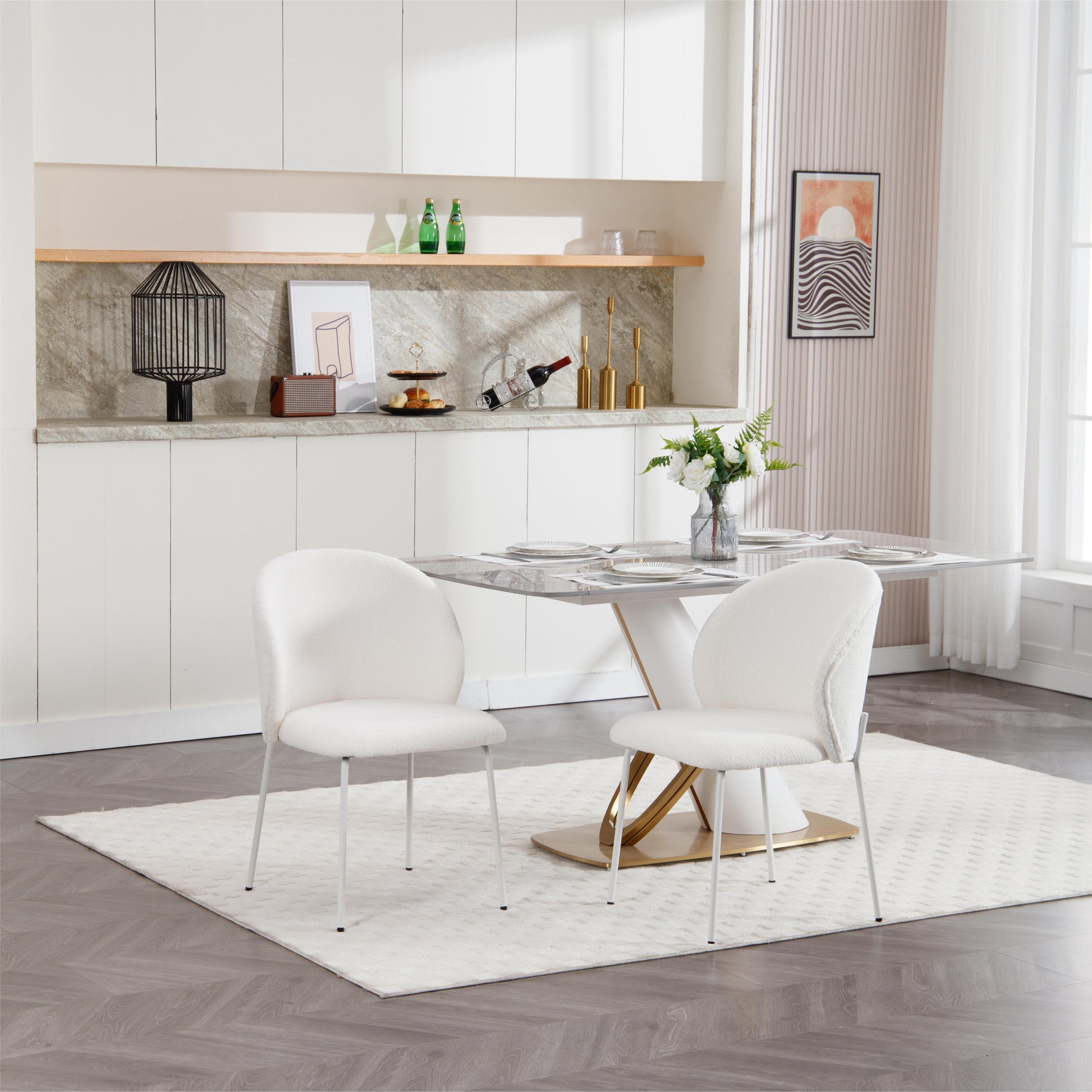 Heng Ming Iron Footed Dining Chair With Adjustable Foot Pads. Suitable For Dining Room, Living Room, Study Room,Set Of 2 White Wood