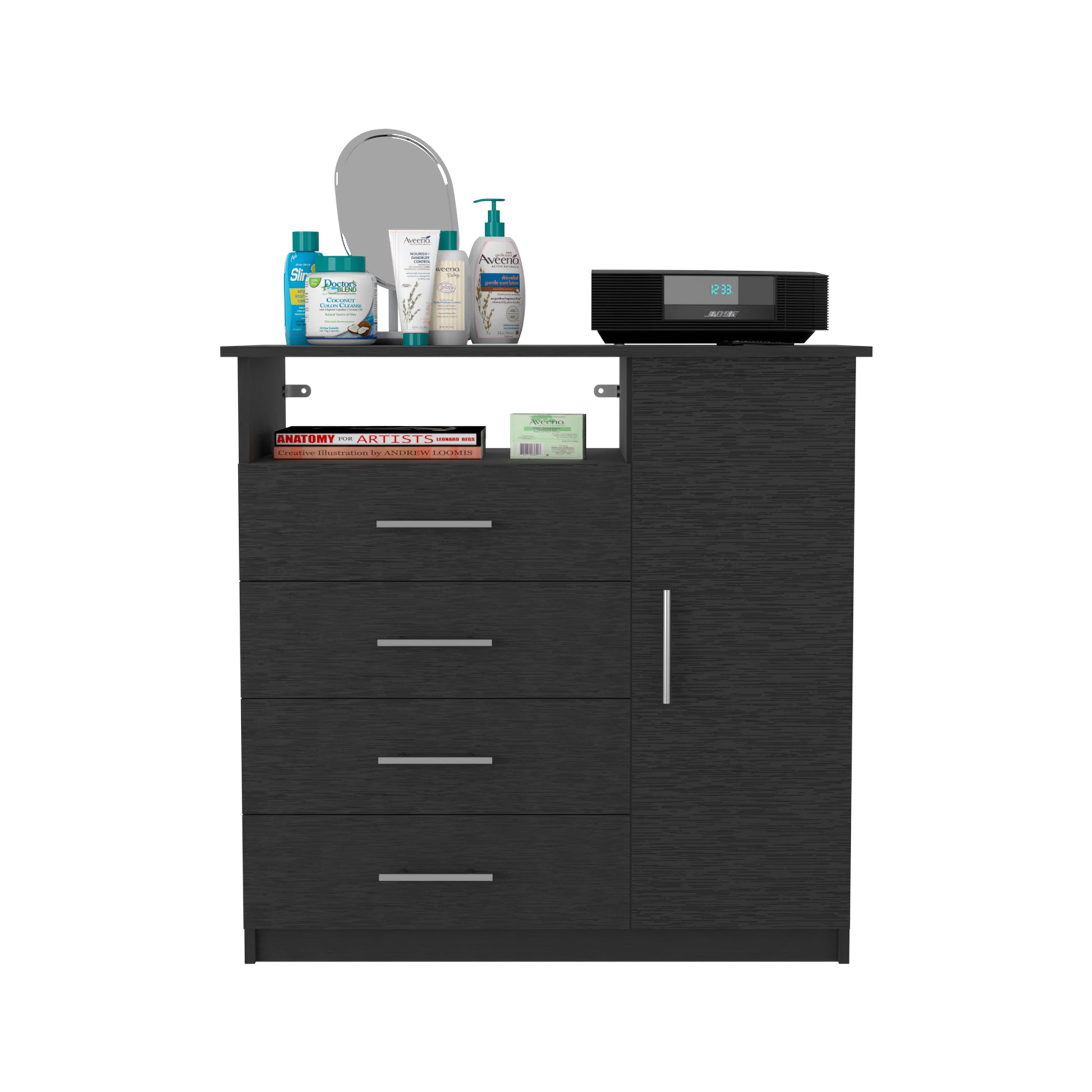 4 Drawer Dresser, One Open Shelf, Superior Top, Single Door Cabinet, Black Black Solid Wood Mdf Engineered Wood