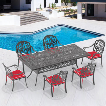 Cushions In Random Colors 7 Piece Set Of Cast Aluminum Patio Furniture With Cushions Yes Dining Set Black Seats 6 Rust Resistant Frame Water Resistant Cushion Garden & Outdoor Complete Patio Sets Aluminium