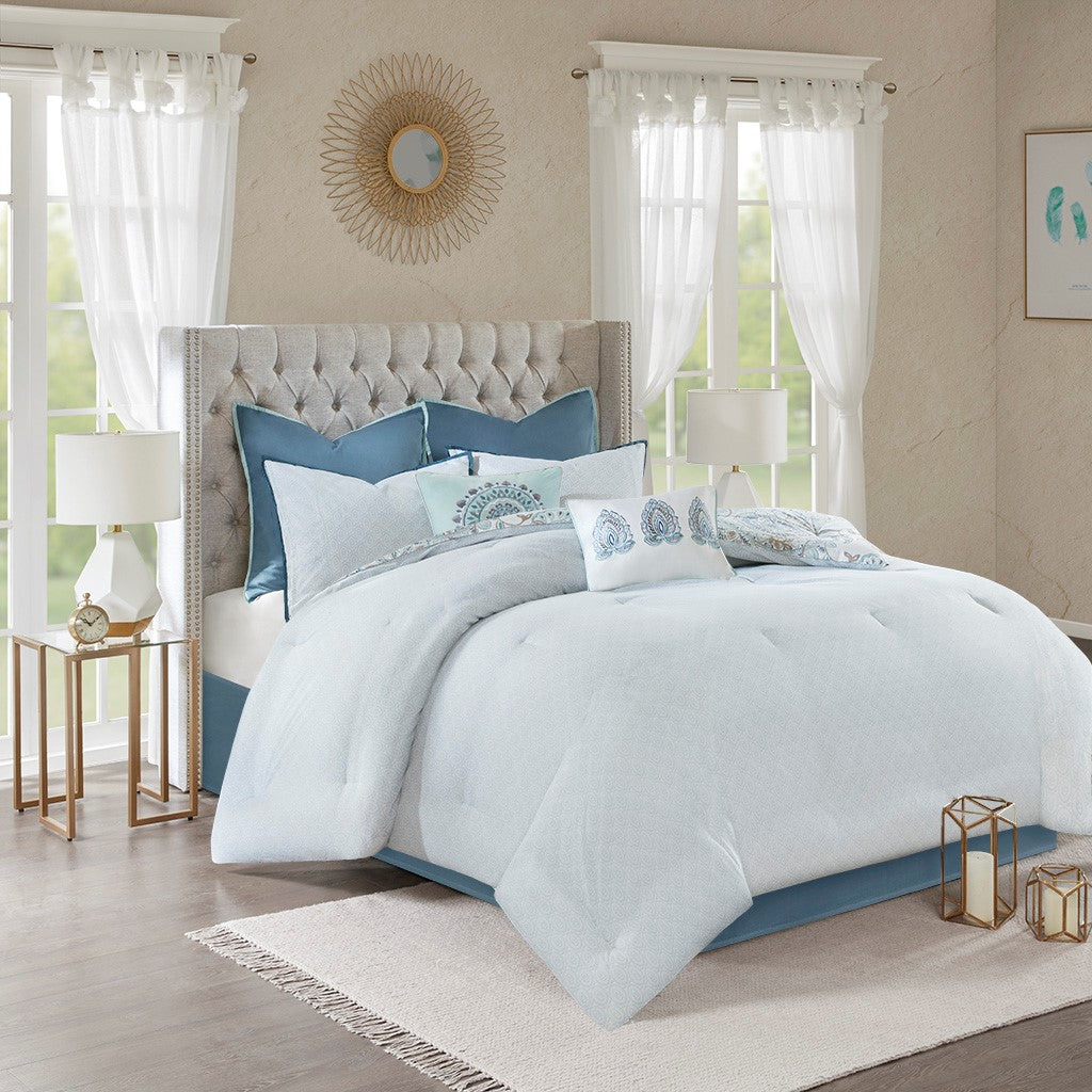 8 Piece Cotton Floral Printed Reversible Comforter Set Blue Cal King California King Blue Cotton