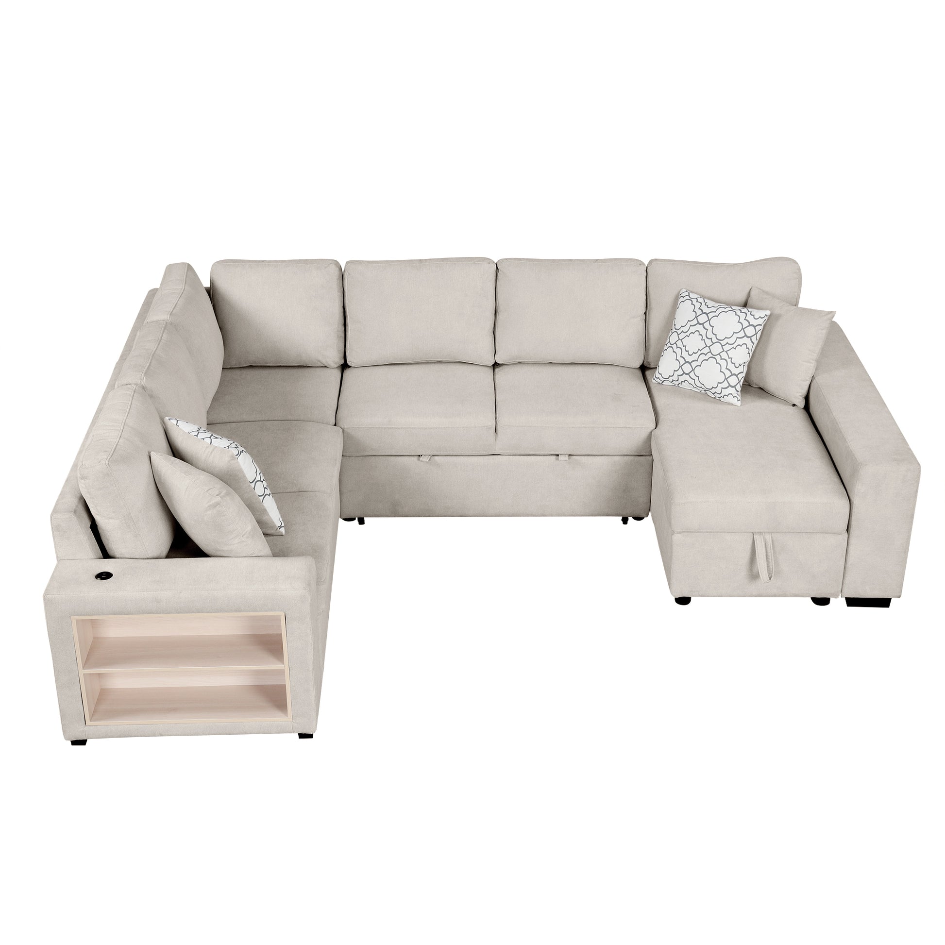 109" U Shaped Sectional Sofa Pull Out Sofa Bed With Two Usb Ports, A Storage Chaise Lounge And Four Back Pillows For Living Room, Beige Beige Foam Chenille 5 Seat