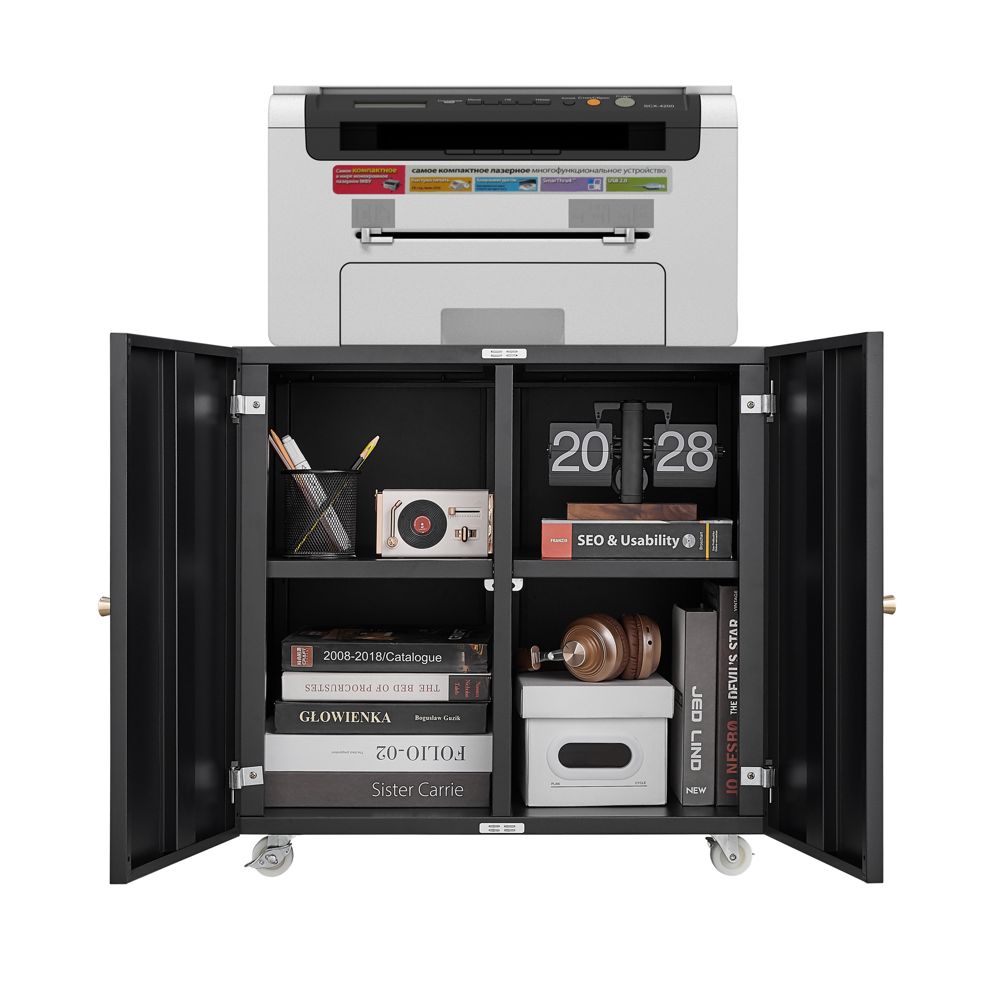 Home Office Printer Stand With Wheels, Printer Tables With File Door Mobile Lateral Filing Cabinet With Open Storage Shelf For Letter Legal A4 Size Files Mobile File Cabinets 1 2 Shelves Powder