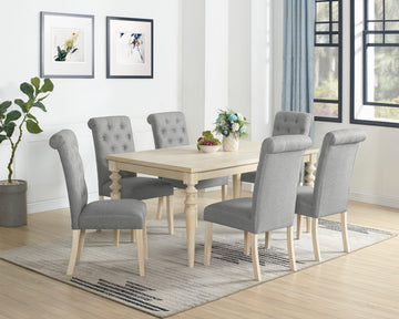 Amonia 7 Piece Dining Set, Turned Leg Dining Table With 6 Tufted Chairs Light Brown Wood Dining Room Fixed Table Rubberwood Rectangular Dining Table With Chair Wood Wood Beige Brown Seats 6 Rectangular 4 Leg Mdf