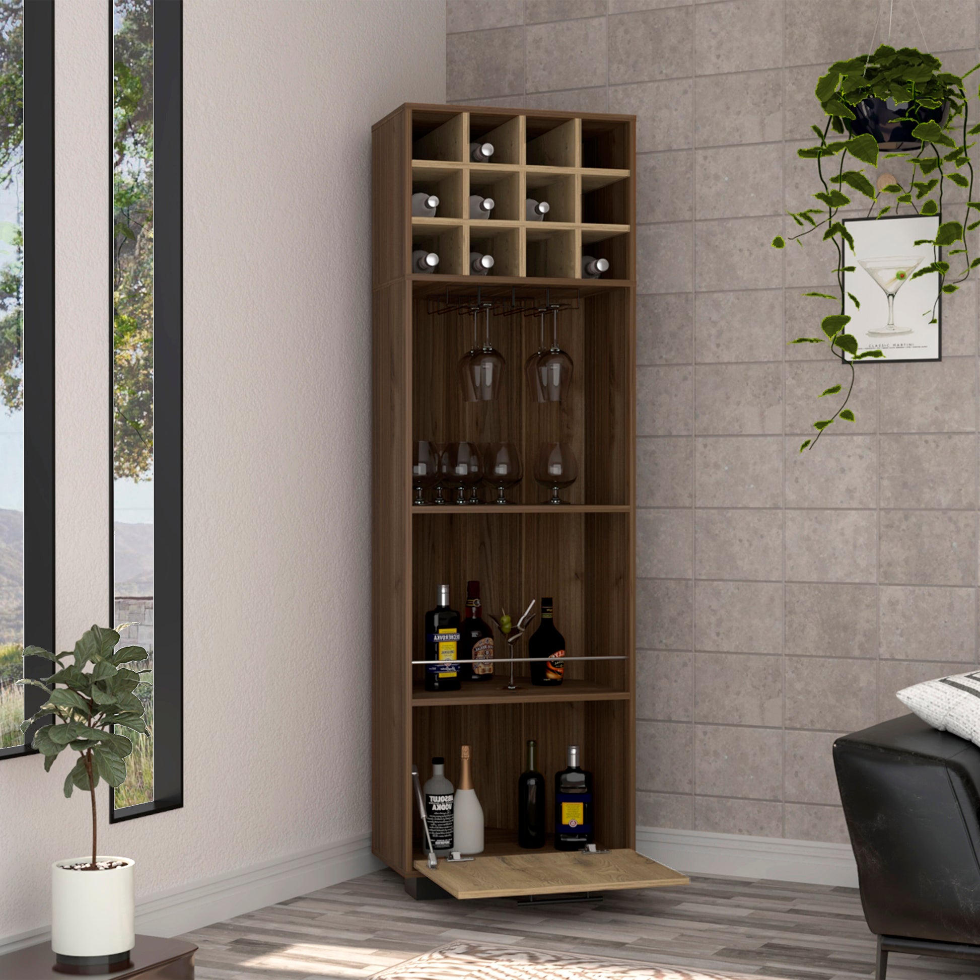 Marsella Corner Bar Cabinet, Eight Built In Wine Rack, Two Side Shelves Mahogany Macadamia Light Oak Dining Room Modern Shelves Included Particle Board