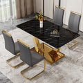 Table And Chair Set.Modern Rectangular Dining Table With Black Textured Stickers Glass Tabletop And Gold Plated Metal Legs.Paried With 4 Comfortable Chairs With Pu Seats And Golden Metal Legs. Dark Gray,Gold Seats 4 Glass Metal