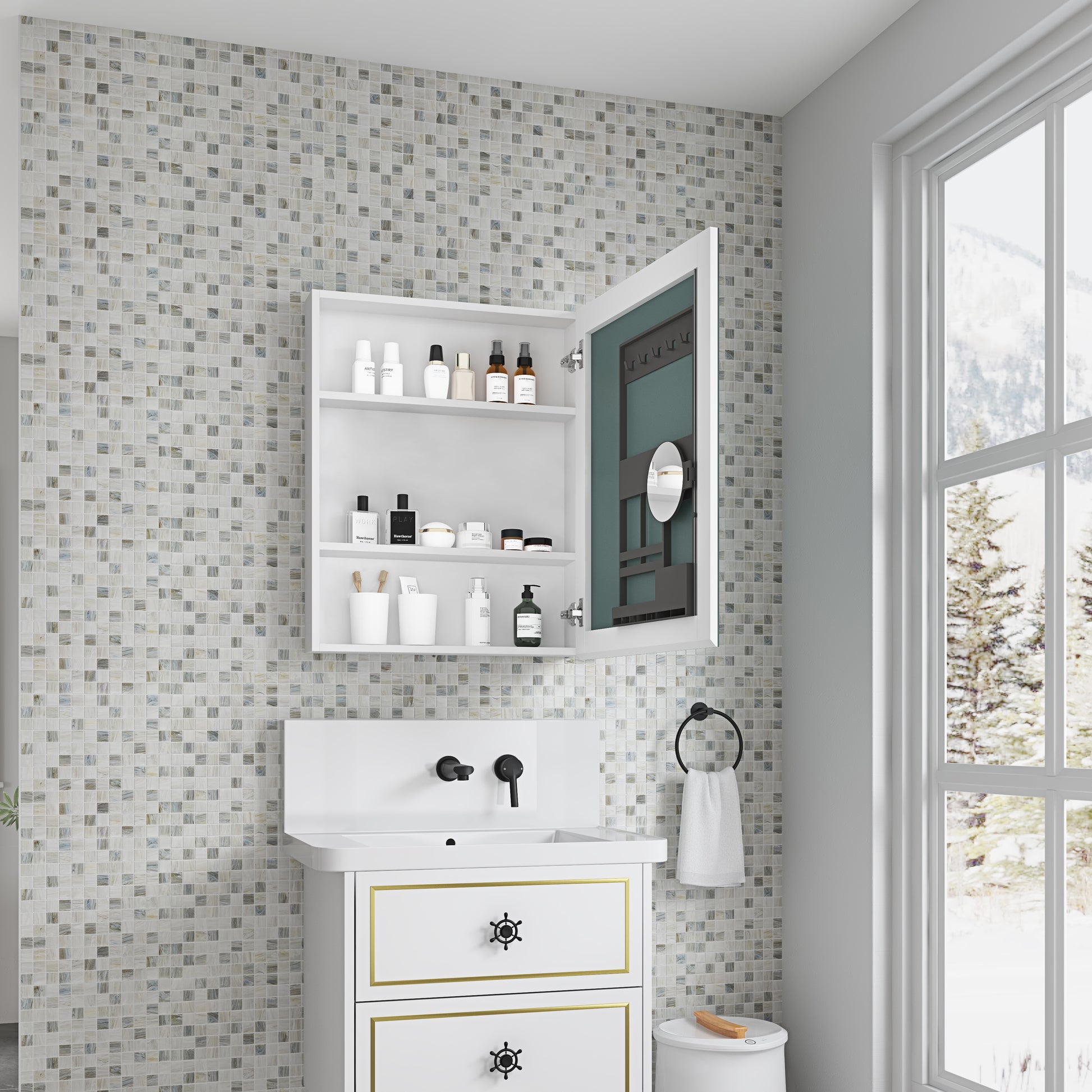 24'' W X 30'' H Surface Frameless Mirror Medicine Cabinet, Beveled Mirror Edges Bathroom Medicine Cabinet, Right Opening Door White Engineered Wood